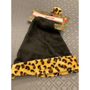 Spirit Holiday Santa Hat Black Faux Fur Leopard Print Trim Animal Pom Pom New
